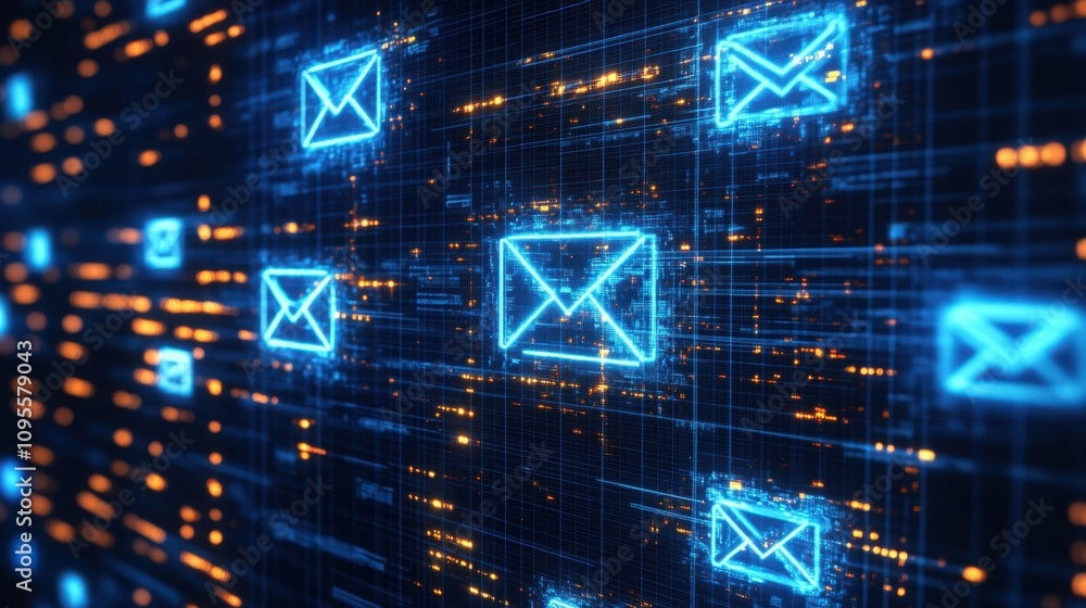 Abstract Digital Background with Blue Email Icons and Glowing Lights for Technology and Communication Themes in Stock Photography Abstract Digital Background with Blue Email Icons and Glowing Lights for Technology and Communication Themes in Stock Photography