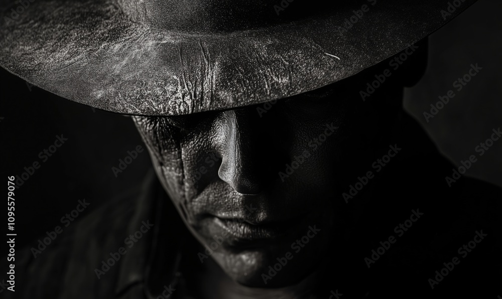 Mysterious man in hat, shadows, intense expression, close-up portrait, dramatic lighting, textured skin, emotional depth, monochrome tones Mysterious man in hat, shadows, intense expression, close-up portrait, dramatic lighting, textured skin, emotional depth, monochrome tones