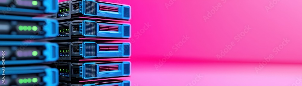 Concept of building cyber resilience for IT infrastructure. Vibrant data storage servers against a pink background, showcasing modern technology. Concept of building cyber resilience for IT infrastructure. Vibrant data storage servers against a pink background, showcasing modern technology.