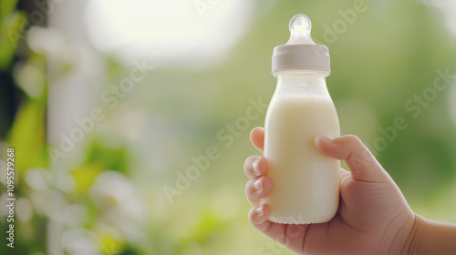 A small hand holds a baby bottle filled with milk against a blurred green background, suggesting a nurturing and peaceful outdoor scene. photo