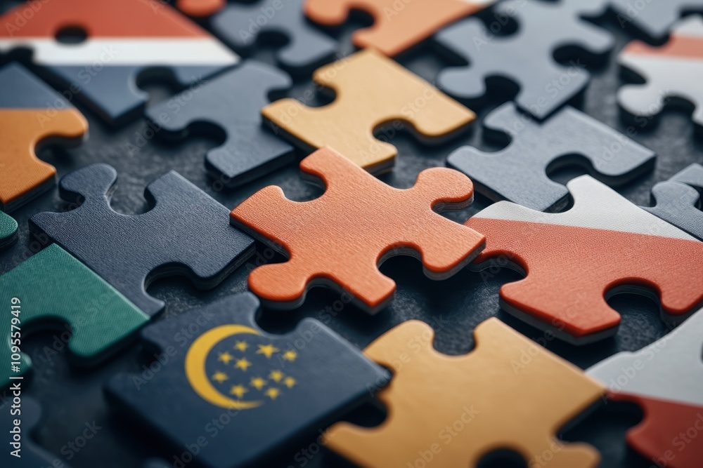 Obraz premium Globalization trade war concept. A colorful arrangement of puzzle pieces featuring various flags, symbolizing diversity and unity among different nations.