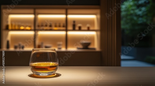 Elegant glass of whiskey on a minimalist wooden table with soft lighting and a blurred shelf of bottles in the background, creating a warm and inviting atmosphere