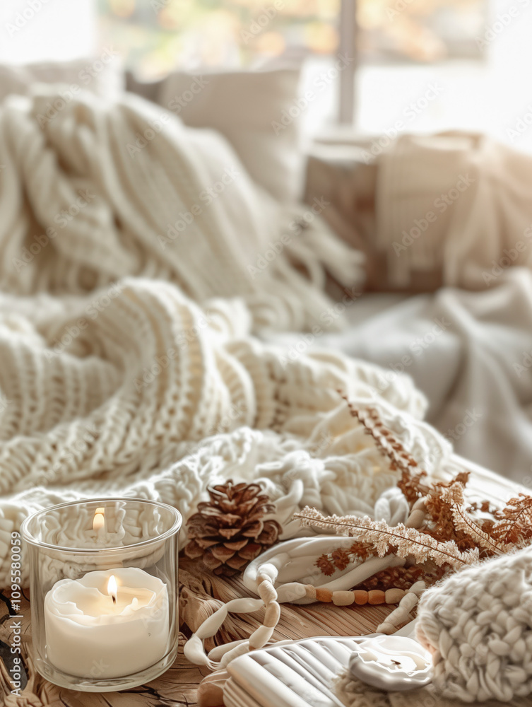 A cozy interior room with a beige knitted blanket, a lit candle and a sofa in the background A cozy interior room with a beige knitted blanket, a lit candle and a sofa in the background