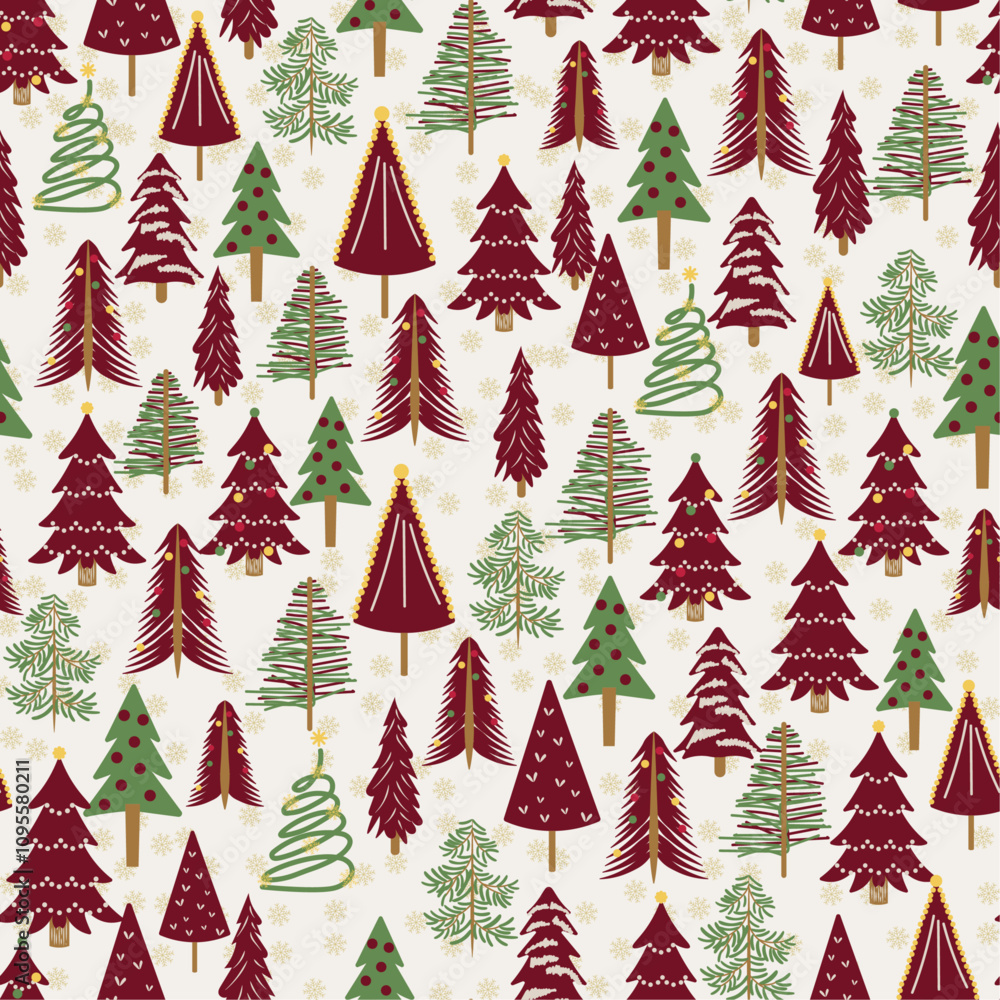 Obraz premium Cute Green Christmas Tree Seamless Pattern with assorted.