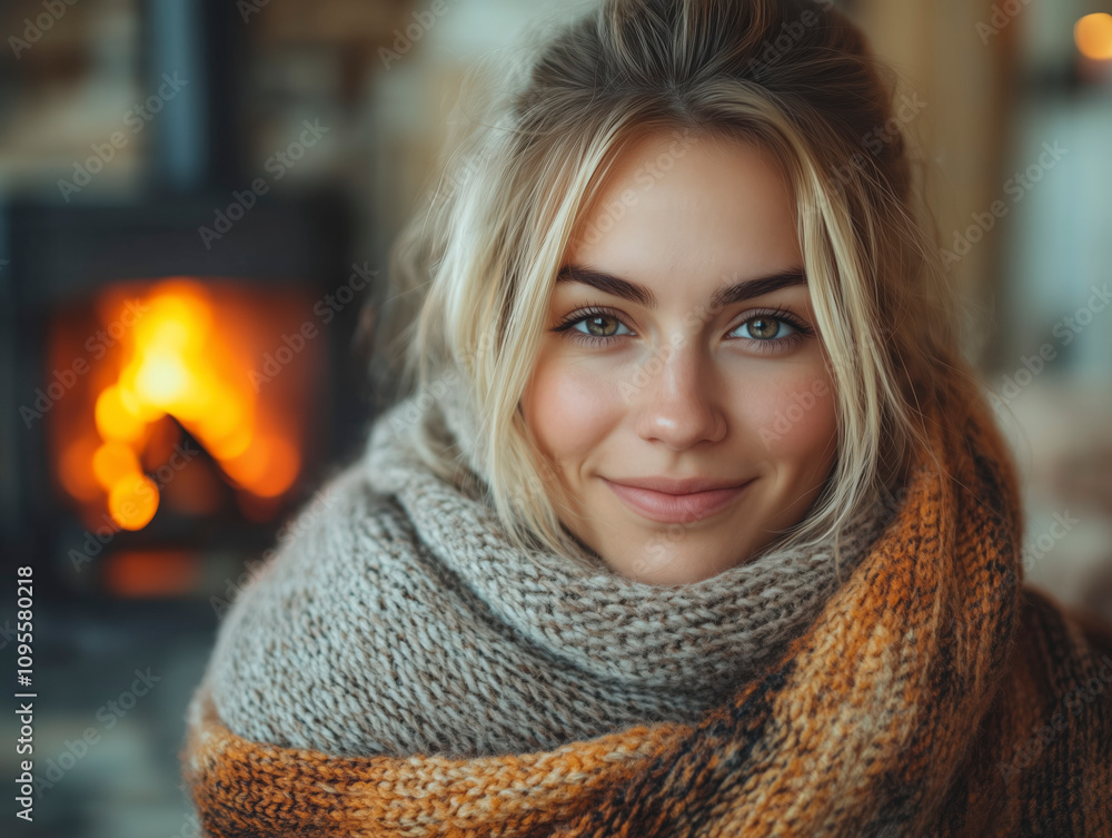 Smiling blonde woman wrapped up in a cozy blanket next to a fireplace Smiling blonde woman wrapped up in a cozy blanket next to a fireplace