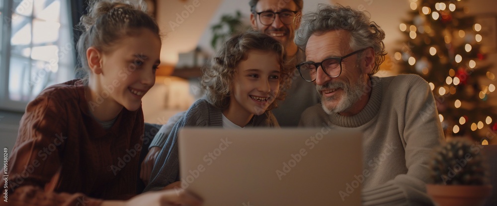 Happy family using laptop together at Christmas. Happy family using laptop together at Christmas.