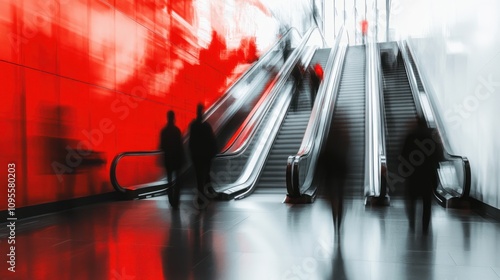 A blurred image of people walking on an escalator in a modern building.
