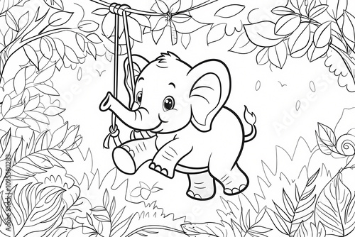 A cheerful cartoon elephant swings playfully from a rope among lush foliage, evoking a sense of joy and whimsy in this delightful black-and-white illustration.