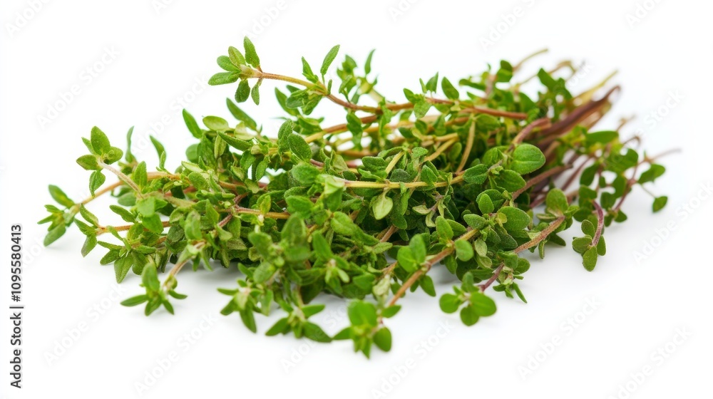 A fresh bunch of thyme sprigs with their small green leaves and delicate stems, Each sprig’s vibrant green color and subtle imperfections captured with precision A fresh bunch of thyme sprigs with their small green leaves and delicate stems, Each sprig’s vibrant green color and subtle imperfections captured with precision