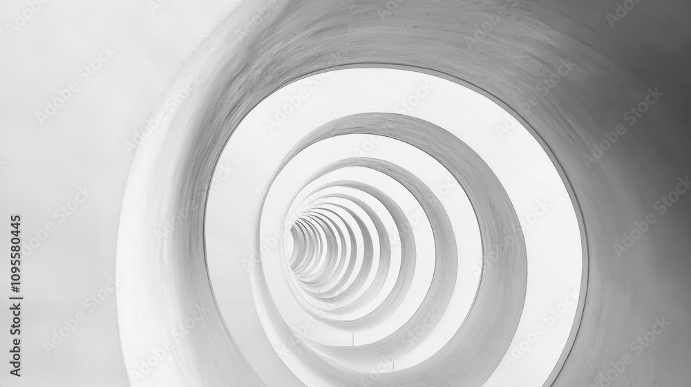 Fototapeta premium Abstract spiral tunnel with white concrete walls, leading into a bright light.