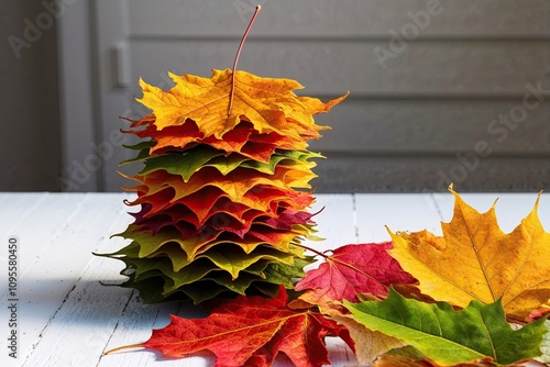 Colorful Stacked Autumn Leaves on a Crisp White Background photo