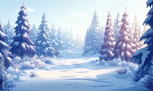 Winter forest landscape with snow-covered trees, serene pathway, soft light photo