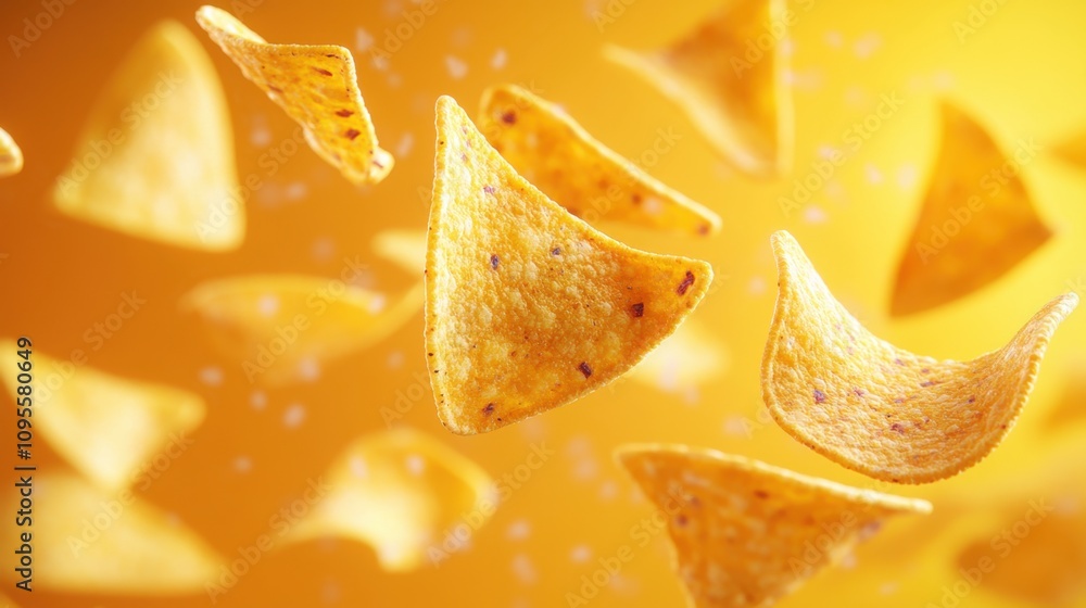 Crisp and Golden Triangle Chips Flipping in the Air Against a Bright Orange Background for Snack Food Advertising and Culinary Imagery Crisp and Golden Triangle Chips Flipping in the Air Against a Bright Orange Background for Snack Food Advertising and Culinary Imagery