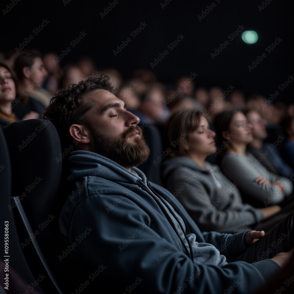 a man sitting in a movie theater with his eyes closed, appearing to be asleep or in a deep state of relaxation. a man sitting in a movie theater with his eyes closed, appearing to be asleep or in a deep state of relaxation.