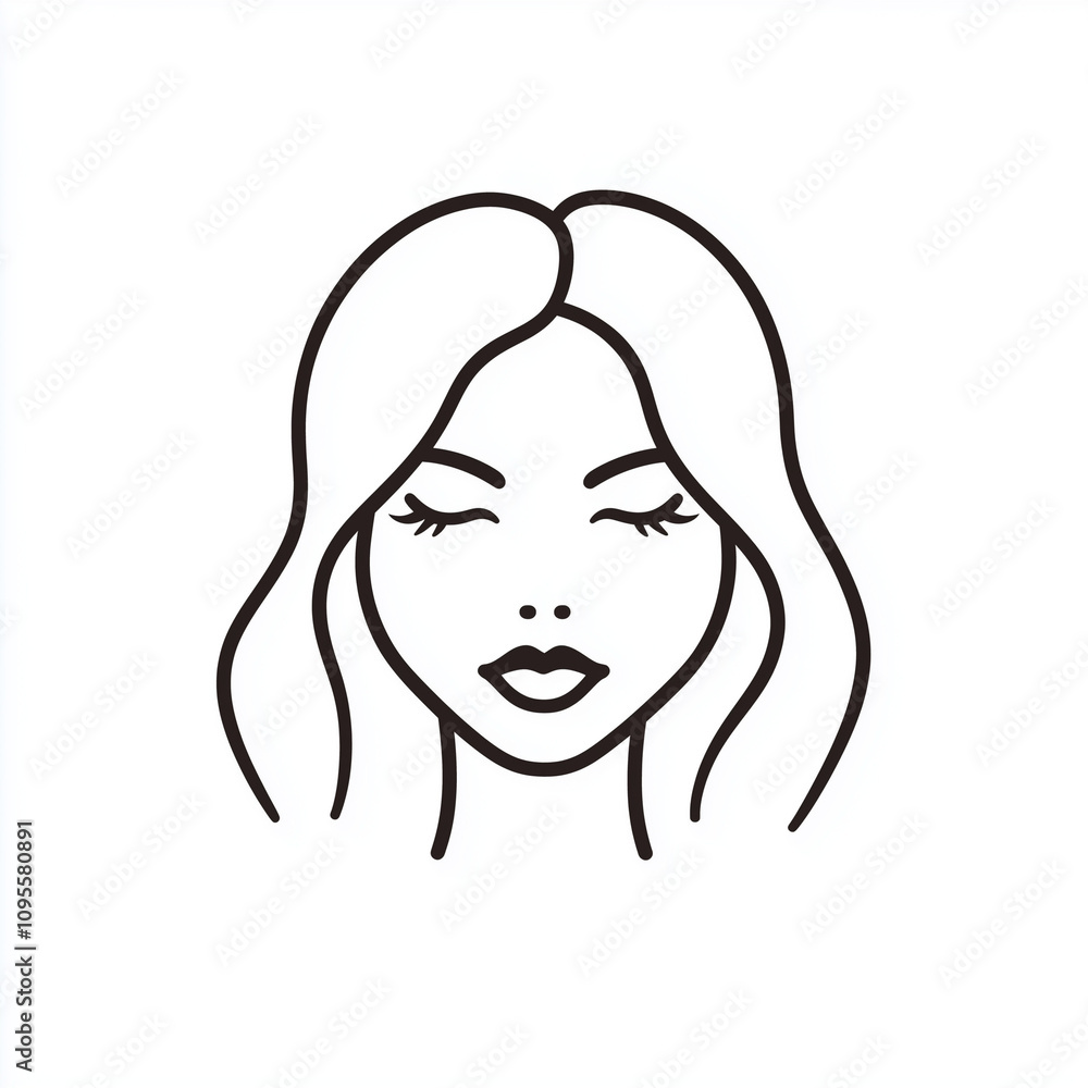 Minimalist illustration of a woman with long wavy hair and closed eyes on a white background Minimalist illustration of a woman with long wavy hair and closed eyes on a white background