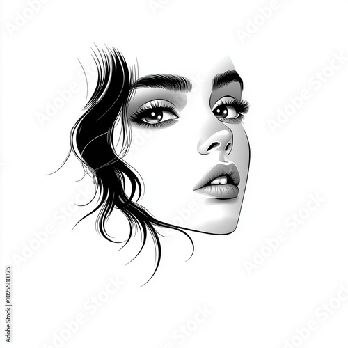 Sophisticated profile portrait of a young woman with flowing hair and expressive features on a white background