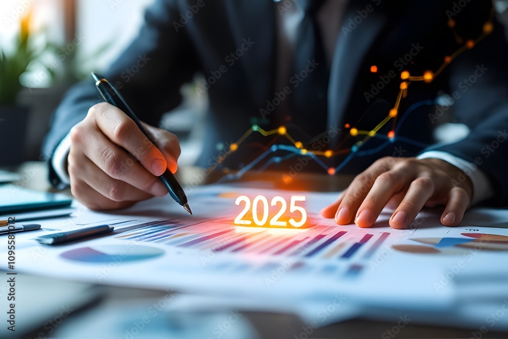 A sleek and modern workspace captures the concept of 2025 New Year ...