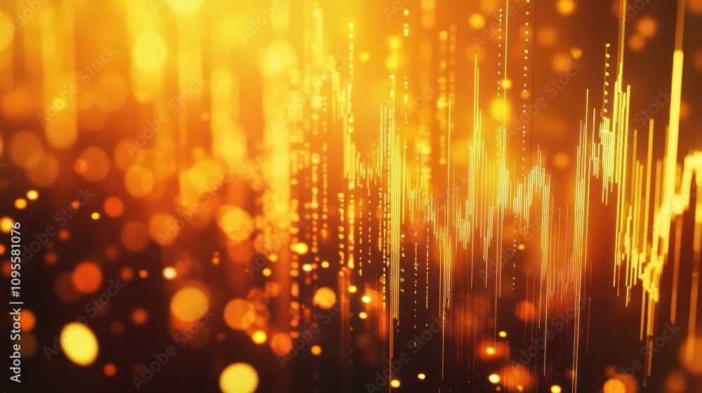 Obraz premium Abstract golden background with bokeh lights and a line chart in the foreground.