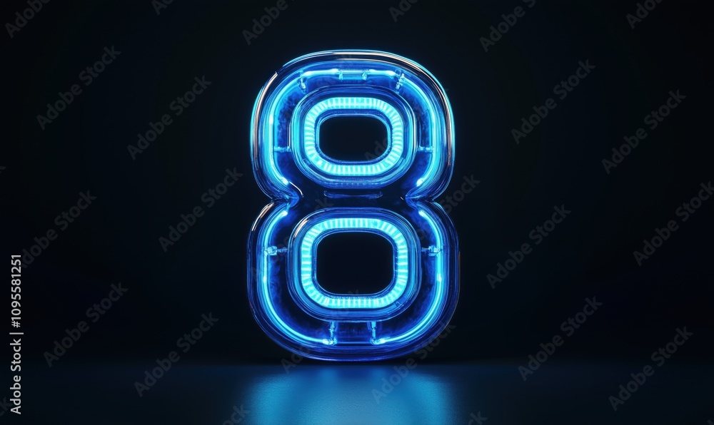 Neon number 8 glowing in blue light, modern design, dark background, vibrant illumination, digital art Neon number 8 glowing in blue light, modern design, dark background, vibrant illumination, digital art