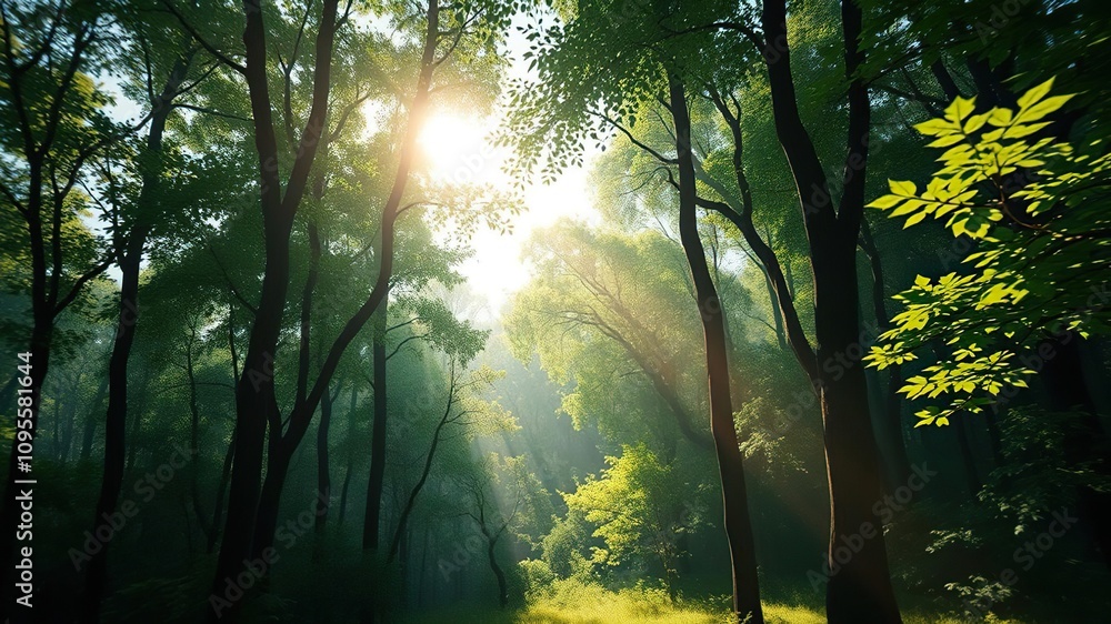 Obraz premium Abstracted view of green forest with sunbeam peeking through, overgrown vegetation, atmosphere of serenity, natural colors