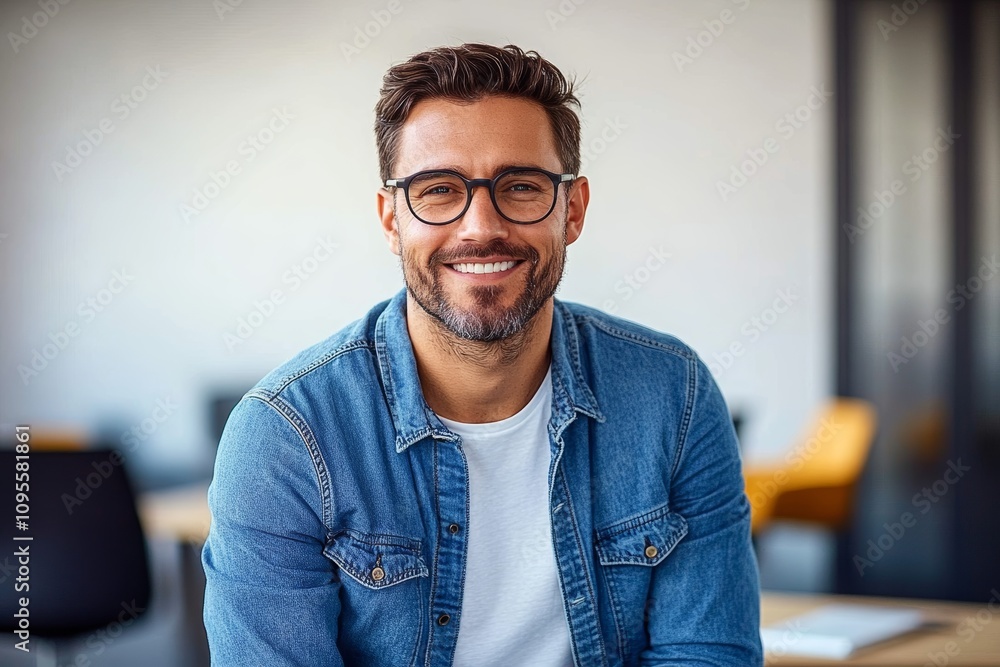 Confident young entrepreneur in modern office smiling and looking at camera Confident young entrepreneur in modern office smiling and looking at camera