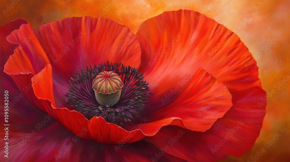 Vibrant Red Poppy Flower with Intricate Petals and Center, Set Against a Soft Orange Background in an Artistic Painting Style Vibrant Red Poppy Flower with Intricate Petals and Center, Set Against a Soft Orange Background in an Artistic Painting Style