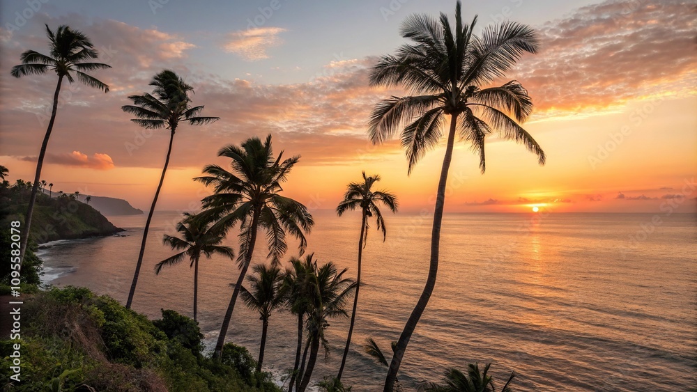 A cluster of palm trees with leaves rustling together in the ocean air as the sun sets over the water, warm light, peaceful evening A cluster of palm trees with leaves rustling together in the ocean air as the sun sets over the water, warm light, peaceful evening