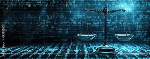 Innovative legal tech interface showcasing scales of justice on computer screen modern workspace digital environment photo