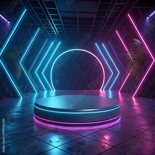 Sleek Round Product Stage Illuminated by Vibrant Neon Lights