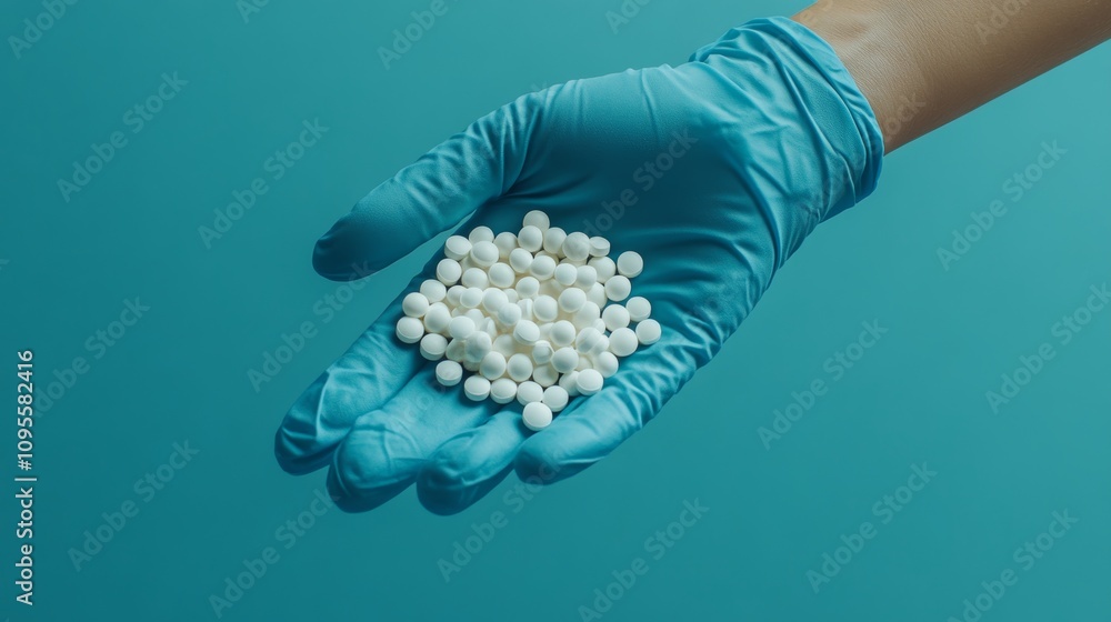 Obraz premium Close-Up, Alternative Medicine A Hand in Blue Glove Holds Homeopathic Pills, Teal Background