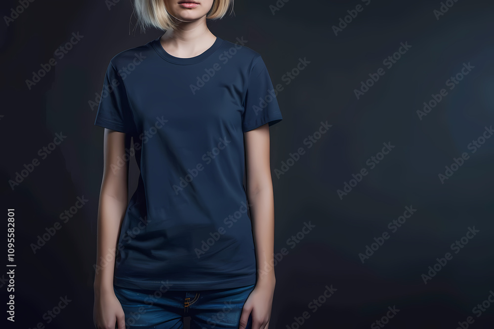 A young woman with short blonde hair wearing a simple navy blue t-shirt against a dark background, showcasing casual style. A young woman with short blonde hair wearing a simple navy blue t-shirt against a dark background, showcasing casual style.