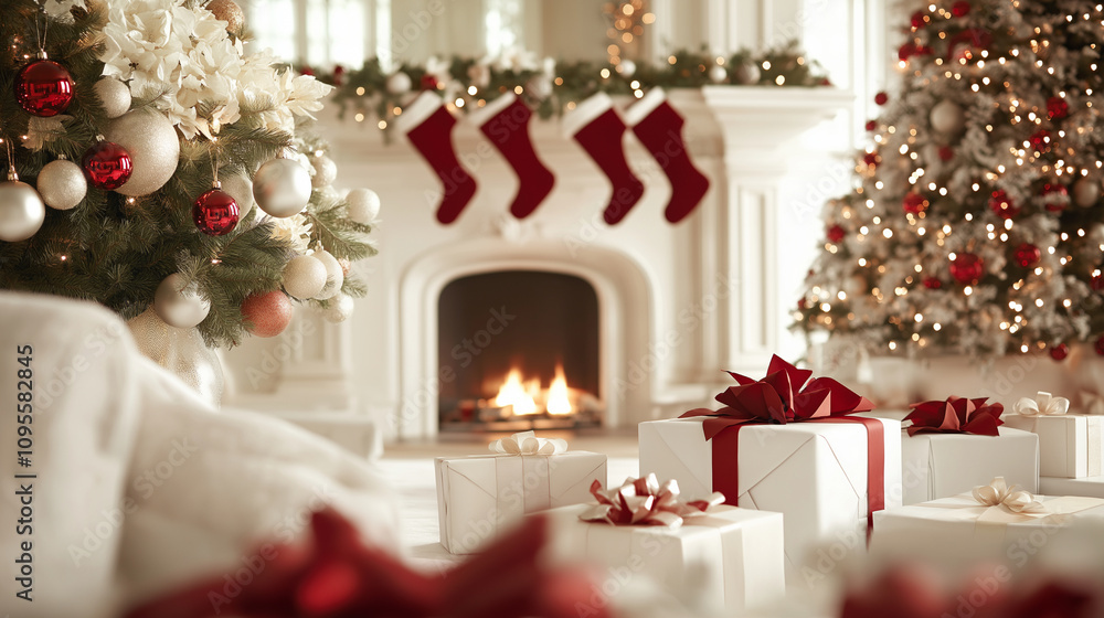 A cozy living room decorated for Christmas, with festive decorations like stockings hanging from the fireplace and large trees adorned in red ornaments, and pile of gifts A cozy living room decorated for Christmas, with festive decorations like stockings hanging from the fireplace and large trees adorned in red ornaments, and pile of gifts