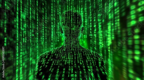 Digital human silhouette formed by falling green binary code. photo