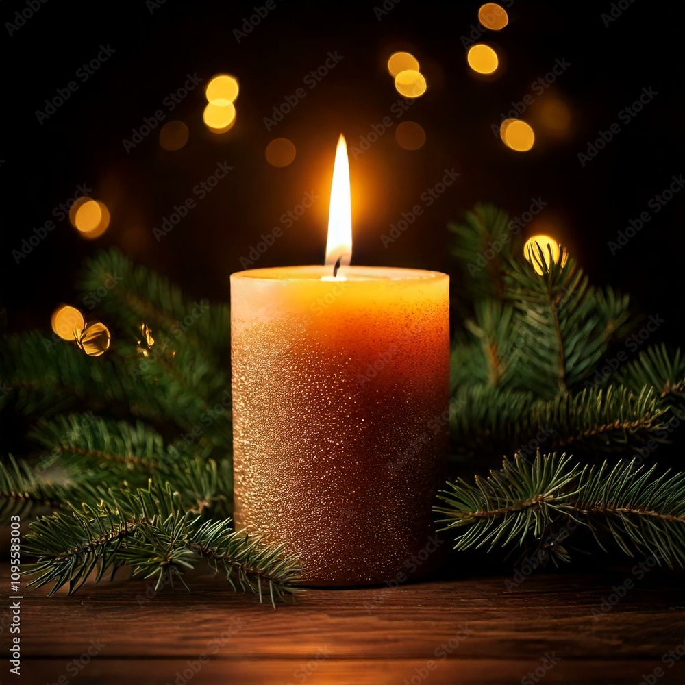 christmas candle with fir branches on a wooden table in a dark cozy room christmas candle with fir branches on a wooden table in a dark cozy room