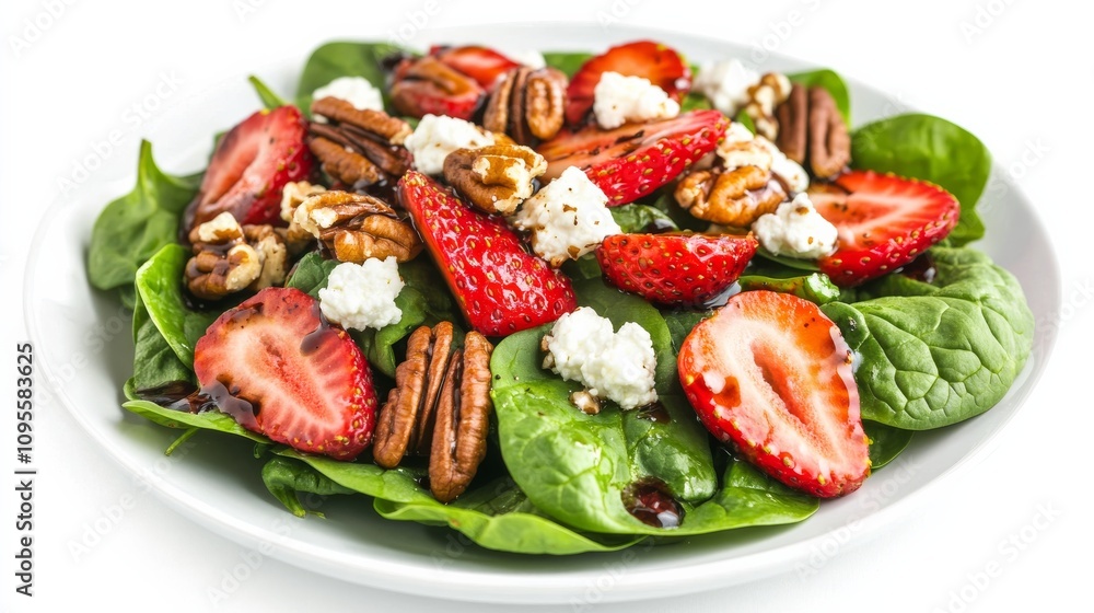 A fresh spinach and strawberry salad with toasted pecans, crumbled goat cheese, and a balsamic vinaigrette A fresh spinach and strawberry salad with toasted pecans, crumbled goat cheese, and a balsamic vinaigrette