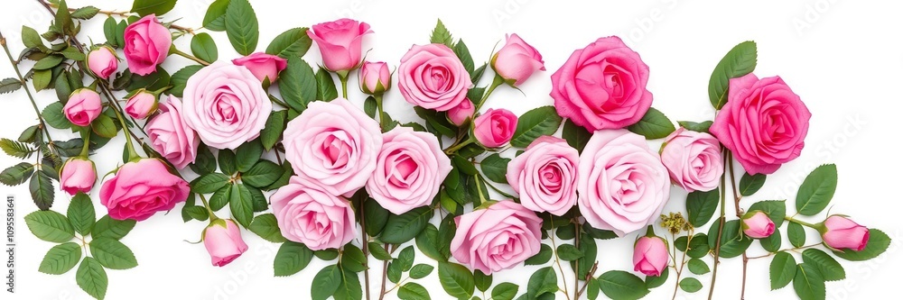 An assortment of beautiful pink roses in various stages of blooming surrounded by vibrant green leaves on a stark white surface, garden flower, flower bouquet, seasonal blooms An assortment of beautiful pink roses in various stages of blooming surrounded by vibrant green leaves on a stark white surface, garden flower, flower bouquet, seasonal blooms