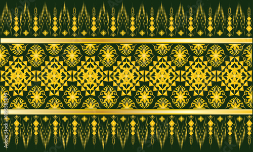 Luxurious golden ethnic Thai pattern, abstract green background, designed for printing on fabric, curtains, wallpaper, batik, shoulder cloth, pillowcase.