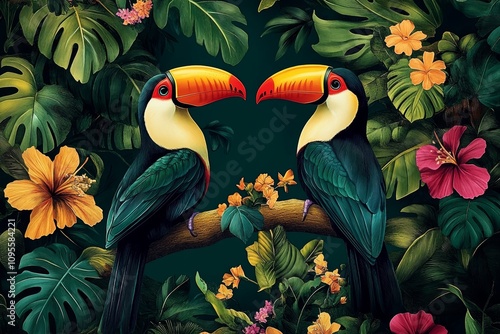 Tropical Jungle Wallpaper with Toucans Birds Exotic Plants and Colorful Flowers photo