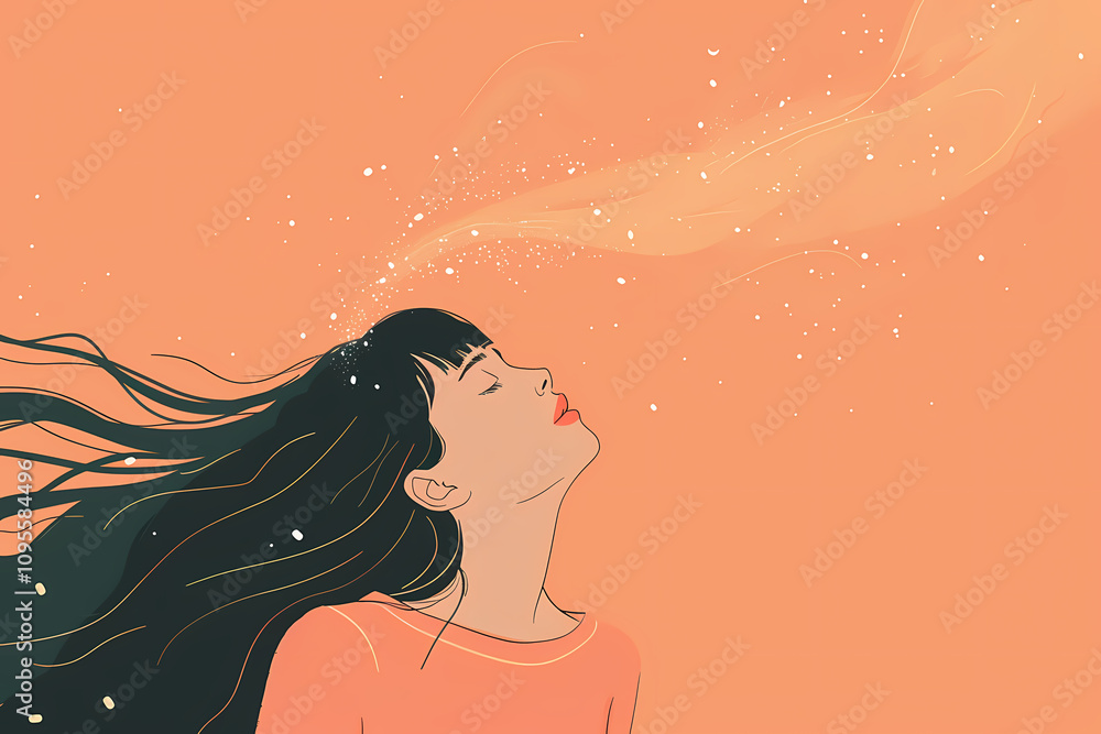 A serene young woman with long black hair exhales sparkling wisps into a warm, peach-colored background. A serene young woman with long black hair exhales sparkling wisps into a warm, peach-colored background.
