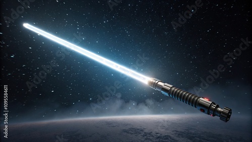 A single isolated light saber hovers in mid-air against a dark background with subtle starry night effects, color, abstract, atmosphere, futuristic, design photo