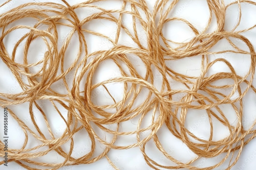 Tangled Jute Twine on White Background Natural Fiber Rope for Decoration and Packaging Coarse String Threads Tangled Jute Twine on White Background Natural Fiber Rope for Decoration and Packaging Coarse String Threads