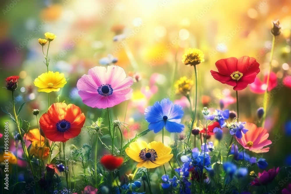 Vibrant Spring Wildflower Meadow with Colorful Blooms and Sunlit Atmosphere Vibrant Spring Wildflower Meadow with Colorful Blooms and Sunlit Atmosphere