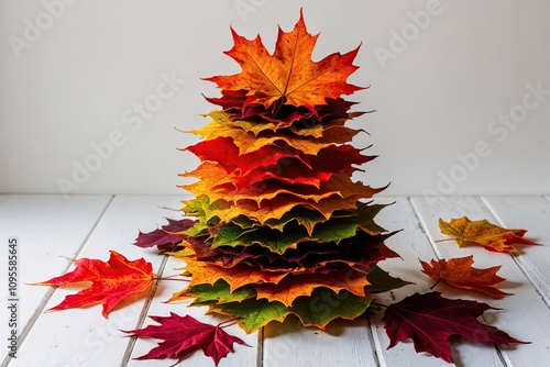 Colorful Stacked Autumn Leaves on Clean White Background photo