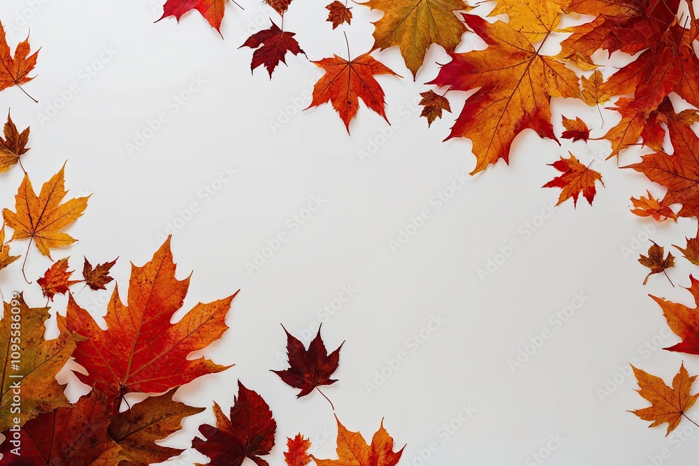 Tranquil Autumn Leaves Drifting in Fall Colors on White Background Tranquil Autumn Leaves Drifting in Fall Colors on White Background