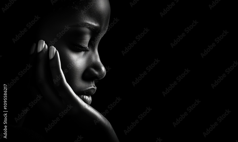 Silhouette of woman in profile, deep contemplation, soft lighting, smooth skin texture, elegant pose, dark background Silhouette of woman in profile, deep contemplation, soft lighting, smooth skin texture, elegant pose, dark background