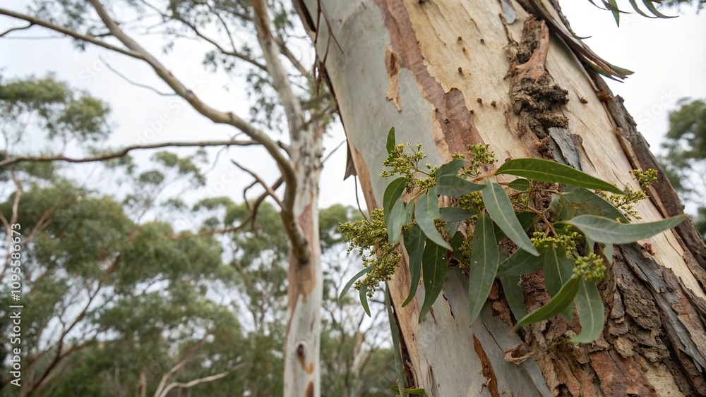 Fototapeta premium Close-up of a eucalyptus tree's trunk showing the layers of bark peeling off with new growth emerging from the wounds, forest, outdoor, leafy branches, tree trunk