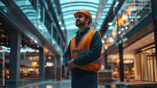 Confident Construction Worker Inspecting Modern Shopping Mall Interior