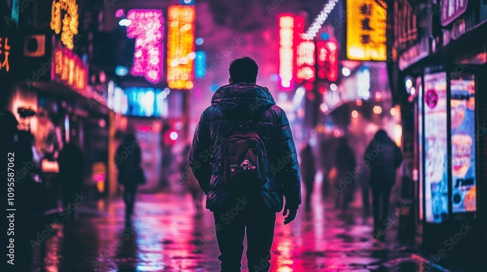 Silhouette of a Person Walking in a Neon-Lit City Street at Night Silhouette of a Person Walking in a Neon-Lit City Street at Night