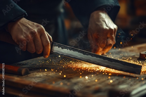 A blacksmith sharpens a blade, sparks flying as metal meets precision. The scene reflects craftsmanship, dedication, and the artistry of forging tools with skillful hands. photo