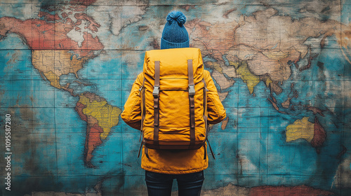 A person in a yellow jacket and blue hat stands with a large backpack, contemplating a world map. Ideal for themes of travel, exploration, and adventure.